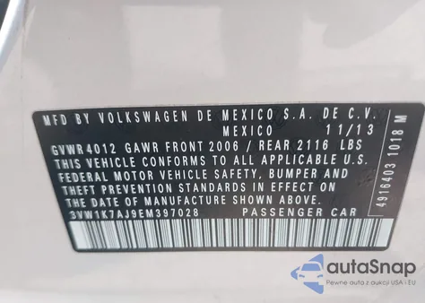 2014 Volkswagen Jetta 2.0L S from USA, damaged, VIN 3VW1K7AJ9EM397028